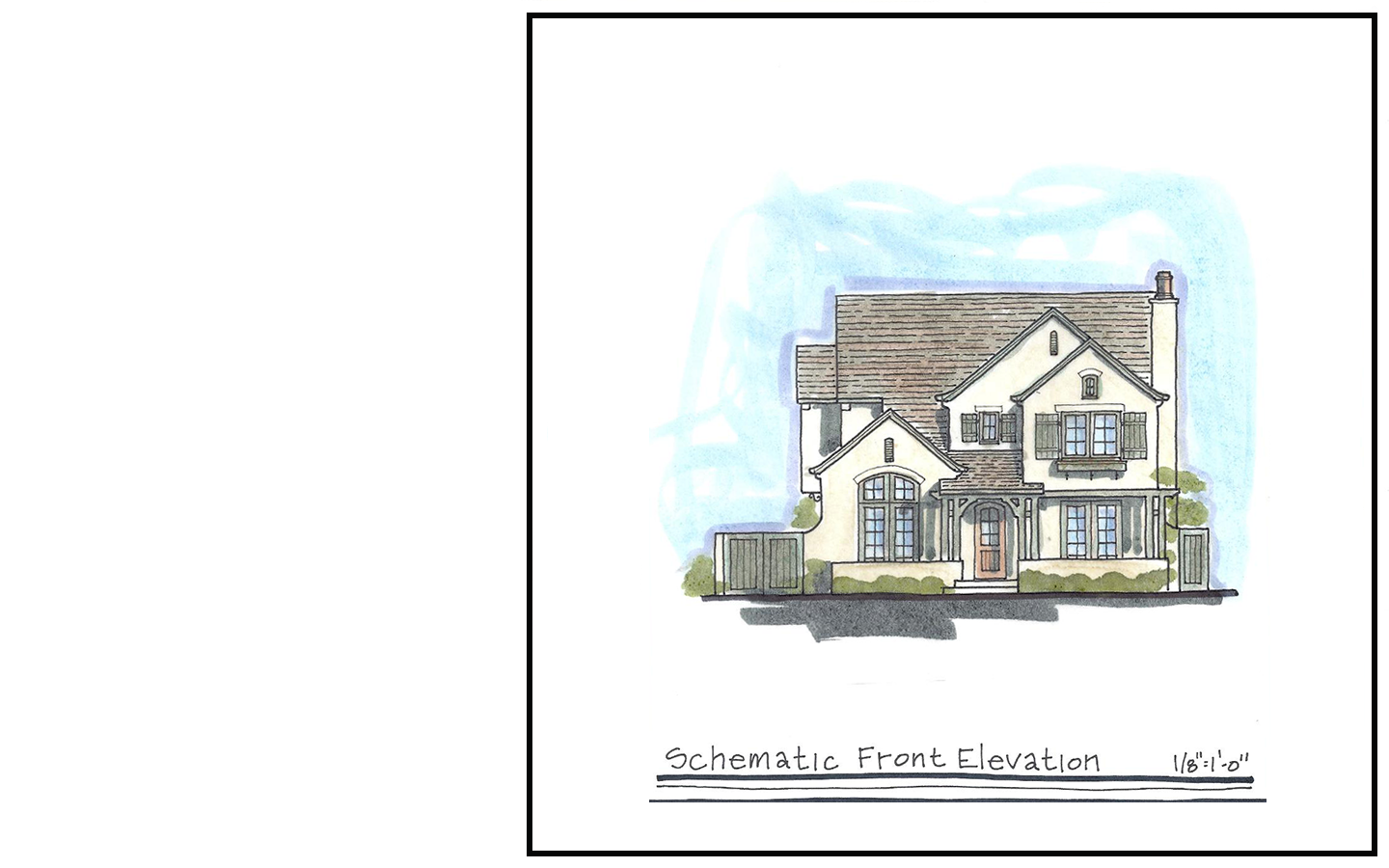 Hand-drawn front elevation of a residence in the Willow Glen neighborhood of San Jose, California